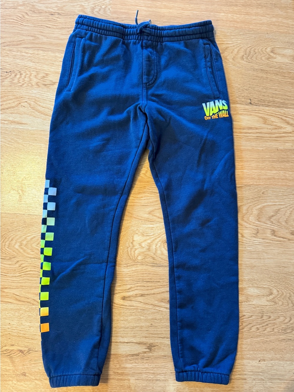 Vans Boys Navy Blue Joggers with Neon Logo & Checkered Side